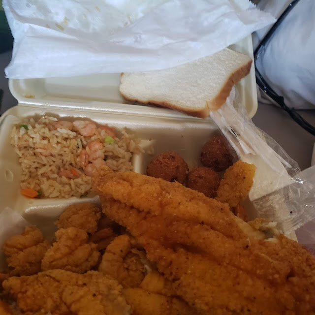 Catfish Shrimp Fried Rice Hush Puppies