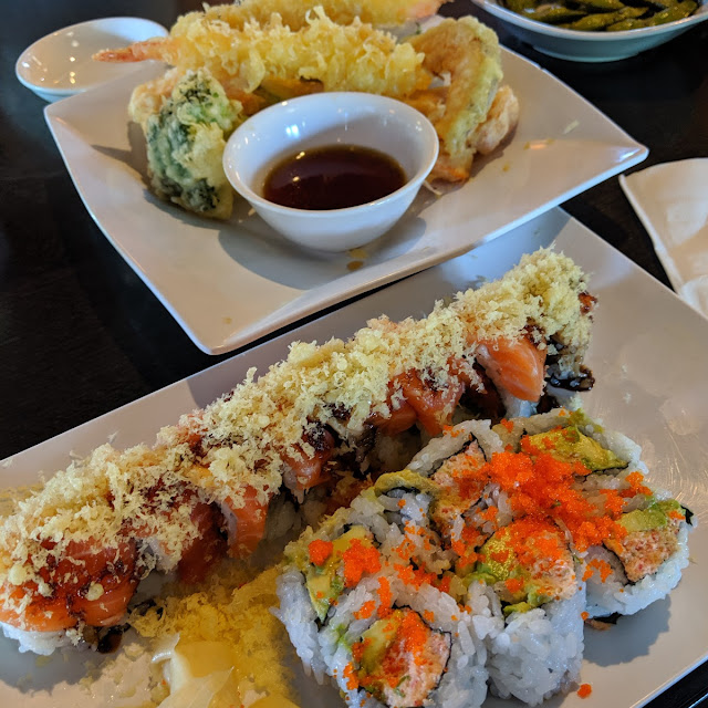 Real Crab California Roll TC Roll Shrimp Tempura and Garlic Edamame