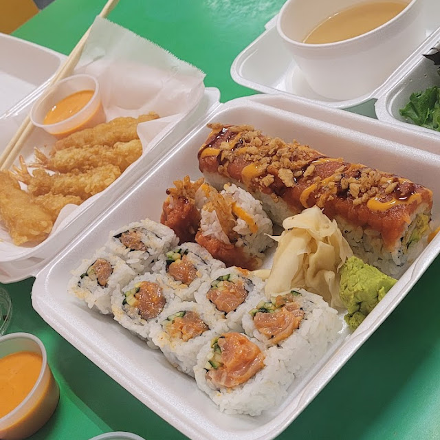 Fire Engine Roll Spicy Salmon Roll & Tempura Prawns