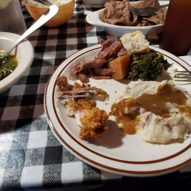 Pot Roast Fried Chicken Greens and Mashed Potatoes with Gravy