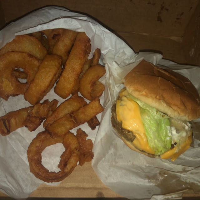 BBQ Cheeseburger and Onion Rings