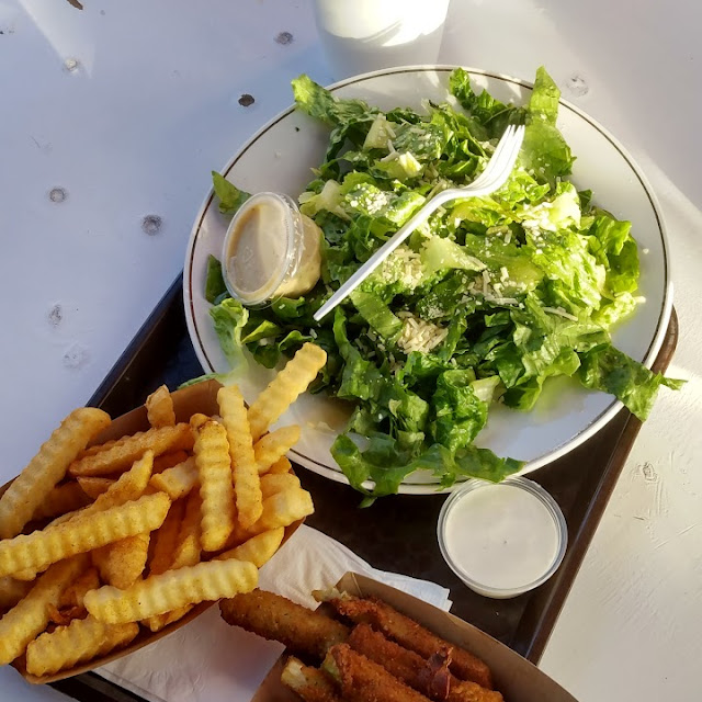 Fries Fried Zucchini Veggie Caesar Salad Soda