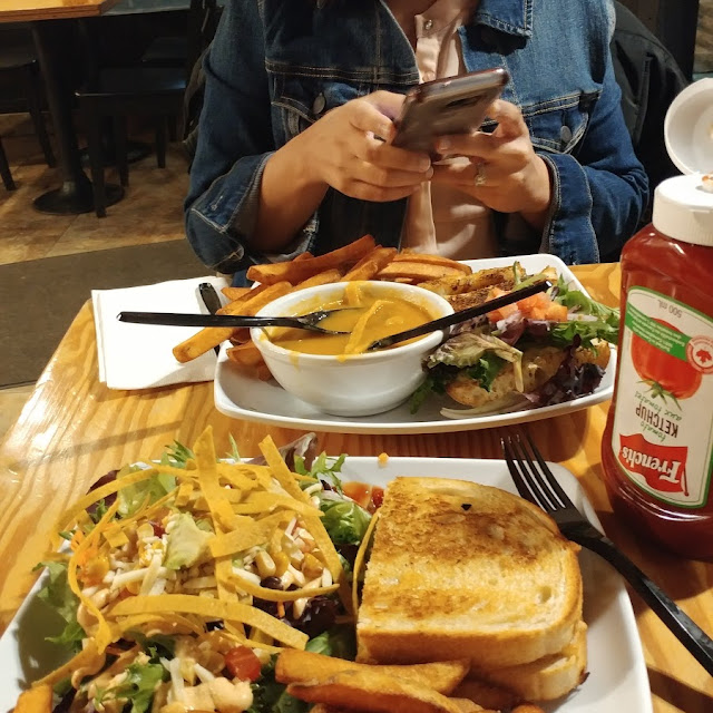Blackened Fish Sandwich Half with Fries & Yam Chipotle Cream Soup on Side And
