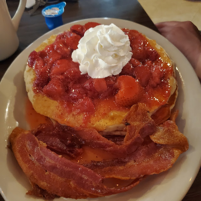 Blueberry Pancakes Topped with Strawberries