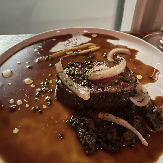 NY Strip Lentils & Nduja Quince & Pear Puree