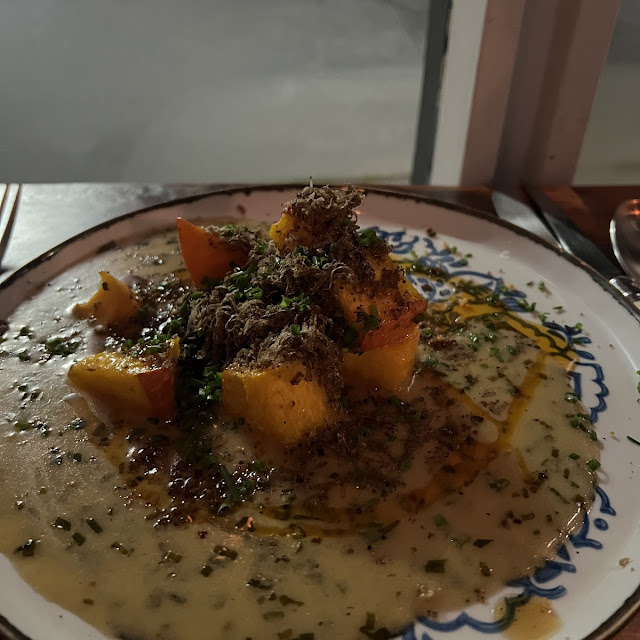 Pumpkin with Millet Miso Beurre Blanc & Spotted Dick Crumble