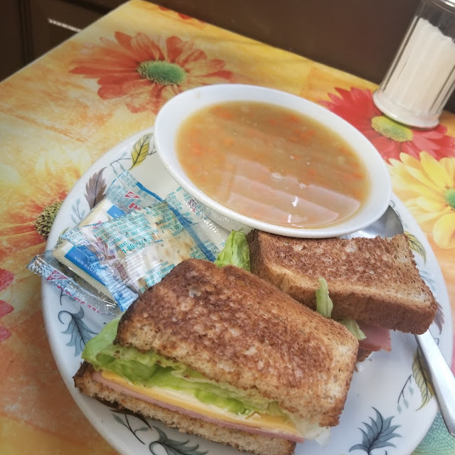Pea Soup of the Day and Ham and Cheese Sandwich