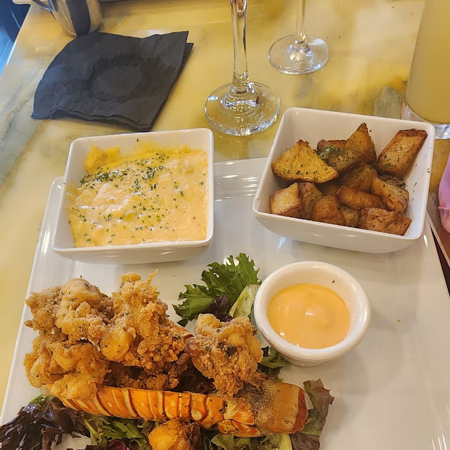 Lobster Bites Cheese Grits and Potatoes