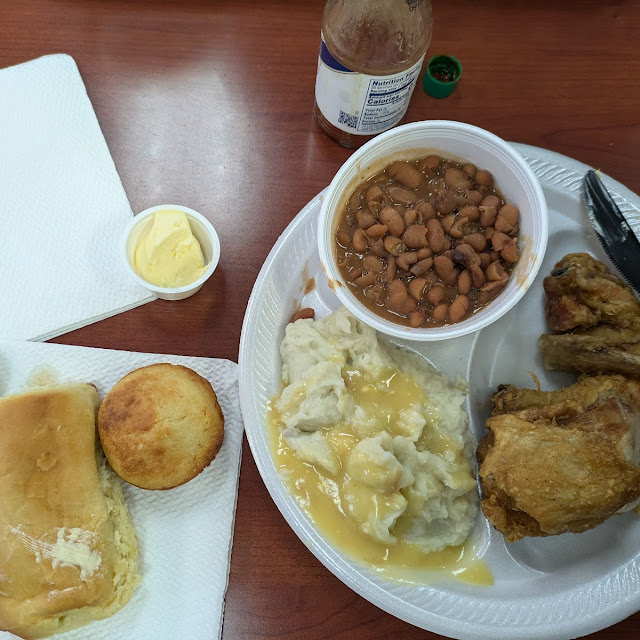 Fried Chicken Mashed Potatoes w Gravy Pinto Beans and Rolls Cornbread