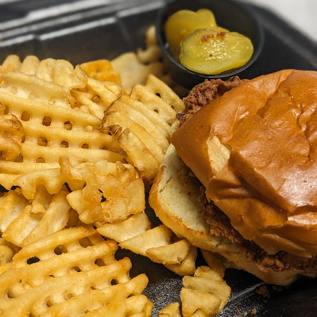 Fried Chicken Sandwich and Waffle Fries Plain with Just Pickles