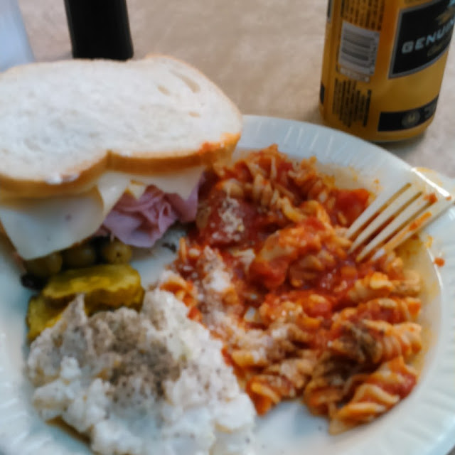 Christmas Party Ham and Cheese Sandwich Potato Salad and Pasta with Marinara Sauce