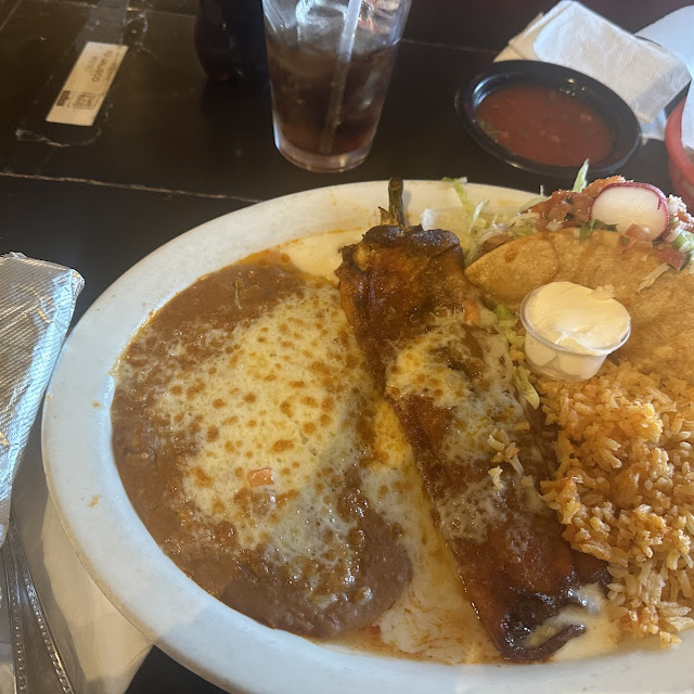 Chile Relleno and Chicken Taco with Rice and Beans