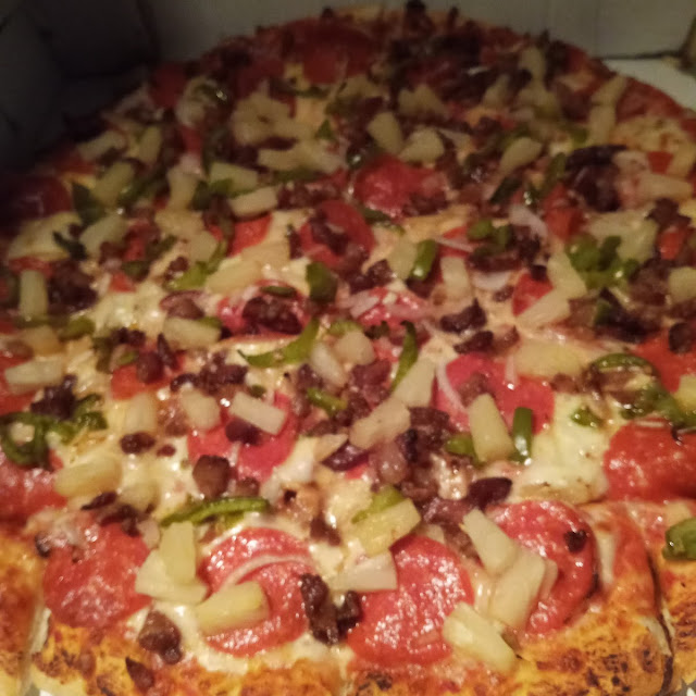 Large Pepperoni with Bacon Onions Green Peppers and Pineapple