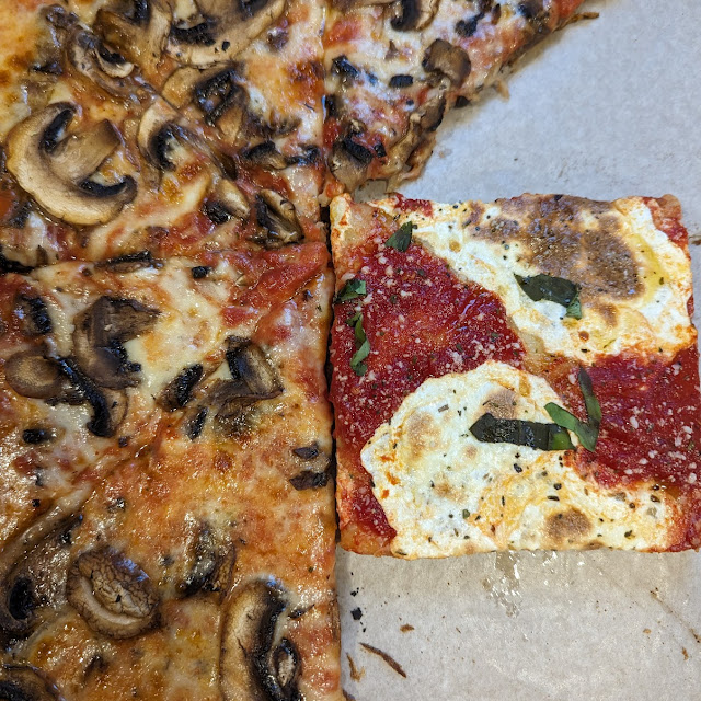 Plain Pizza with Fresh Mushrooms and Grandma's Pie
