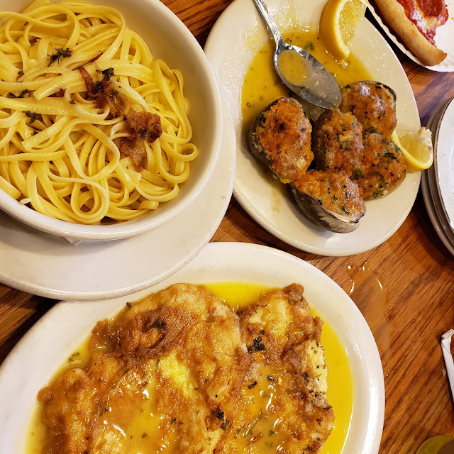 Chicken Francese w Aside of Linguine w the Same Sauce Plus Baked Clams Oreganatta