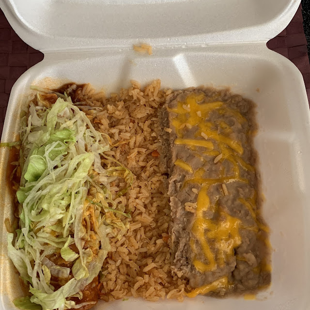 Beef Burrito Refried Beans and Spanish Rice