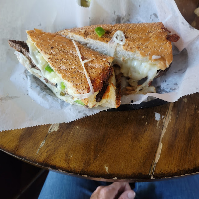 Steak and Cheese Sandwich with Everything on It Onion Mushrooms Green Peppers
