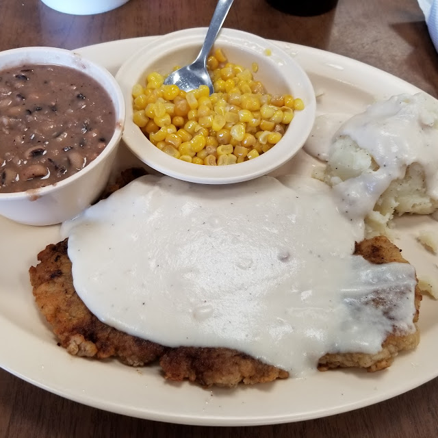 Chicken Fried Steak Mashed Potatoes Corn and Black Eyed Peas