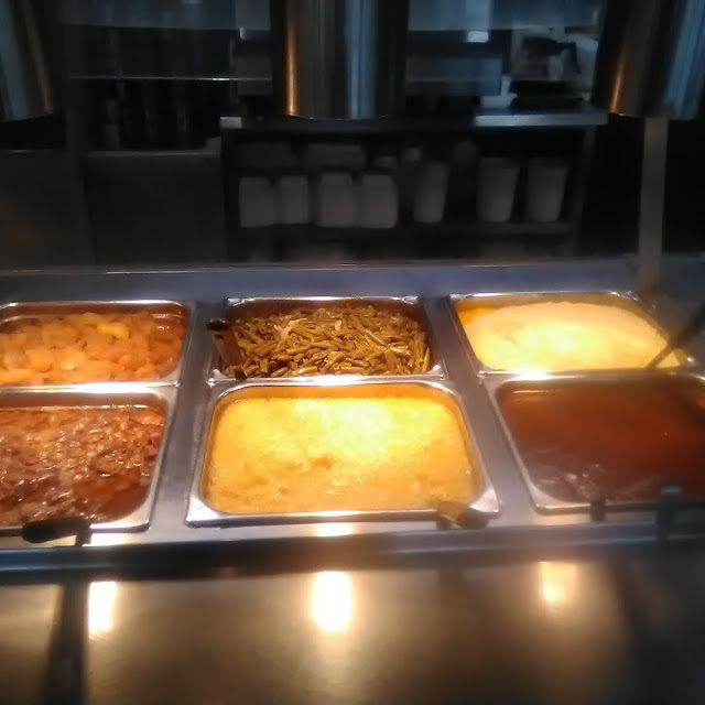 Brown Gravy Mashed Potatoes Corn Apples Green Beans and Pinto Beans