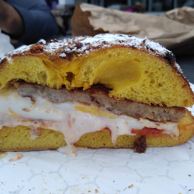 Sausage Egg and Cheese on a French Toast Bagel