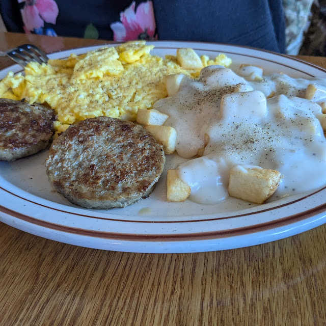 Scrambled Eggs Sausage Patties and Home Fries