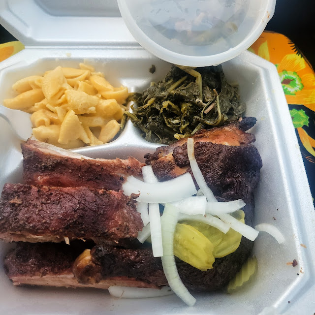 Ribs BBQ Chicken Mac and Cheese and Collard Greens