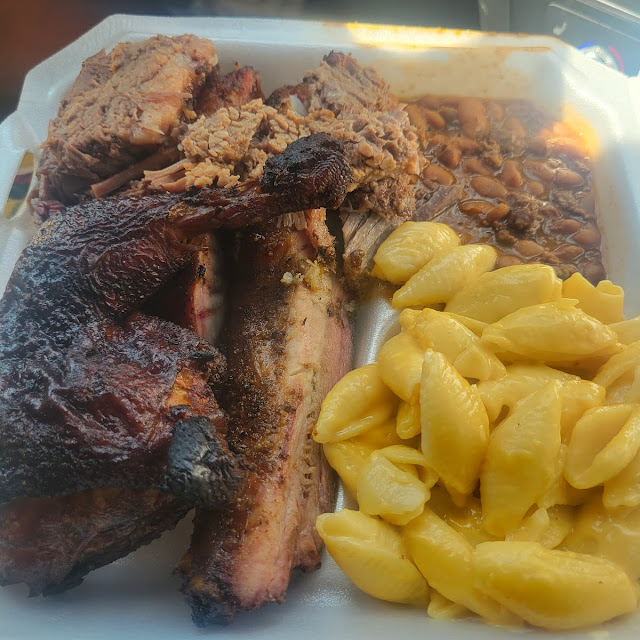 BBQ Chicken Ribs and Mac and Cheese and Chili Beans