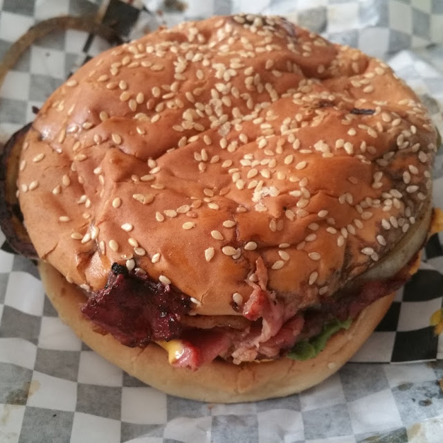 Pastrami Cheeseburger with Avocado and Grilled Onions