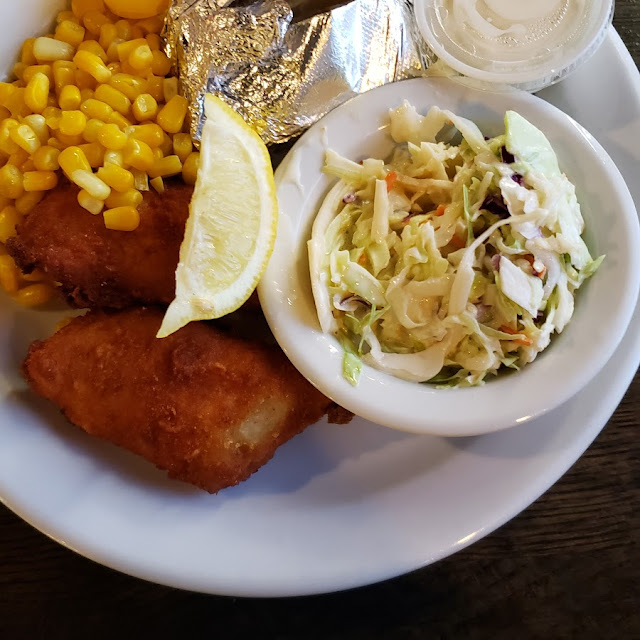 Pickerel with Coleslaw Baked Potato and Corn